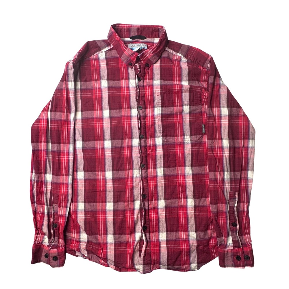 Columbia Shirt Mens L Red Plaid Button Down Long Sleeve Cotton Blend Outdoor